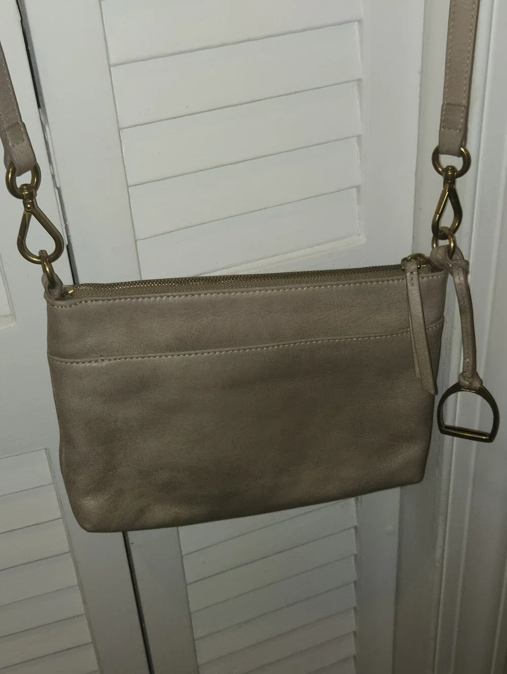 Margot New York Taupe Greige Genuine Leather Crossbody Bag Purse Equestrian Clip